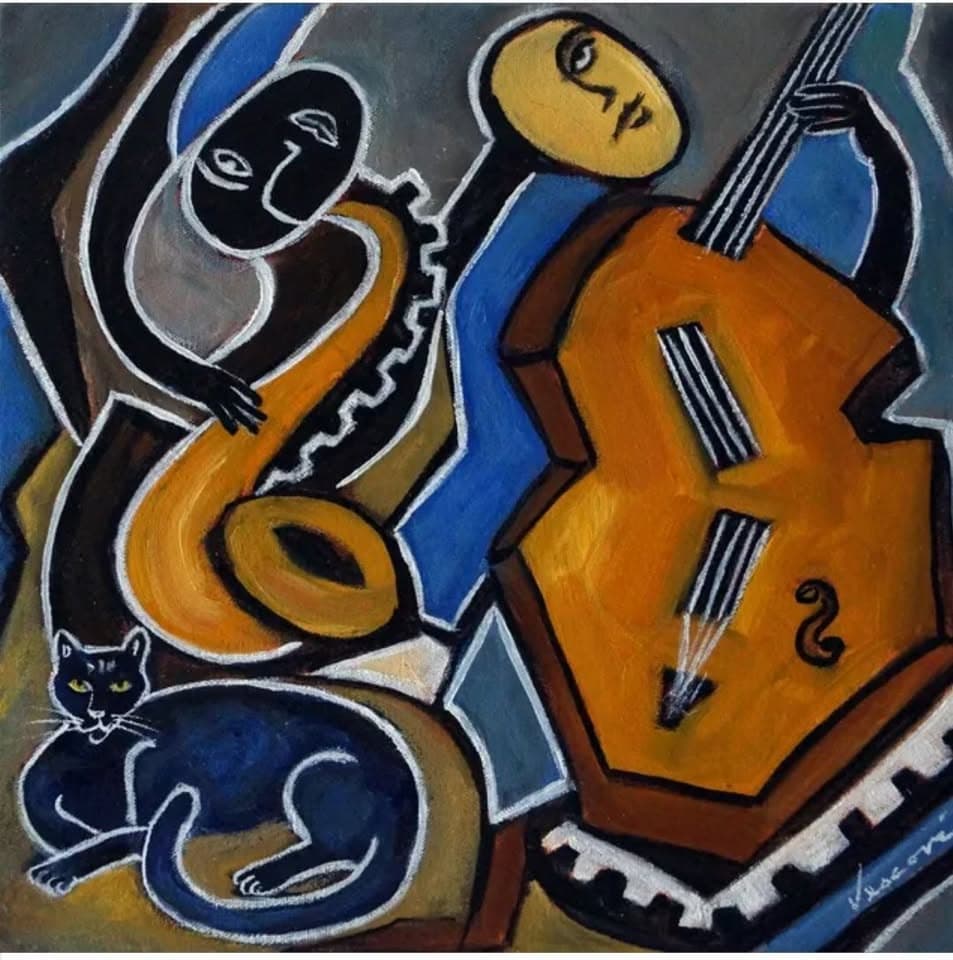 Abstract painting depicting musicians playing a saxophone and a double bass, with a cat in the foreground.